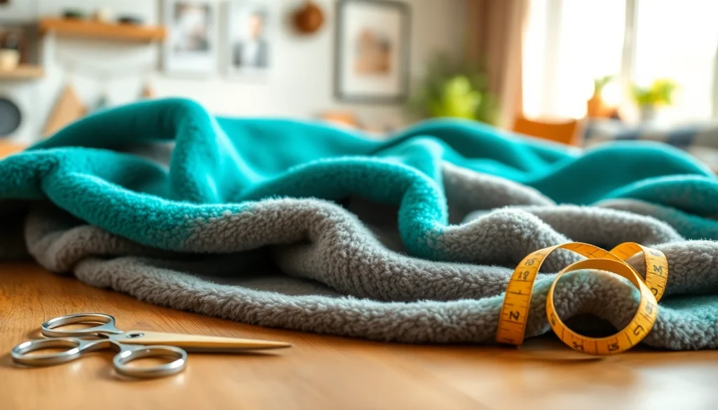 Fleece stof weergegeven met een gezellige uitstraling op een houten tafel.