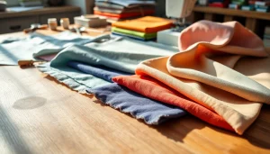 Katoen stofstalen in diverse kleuren en texturen op een tafel.