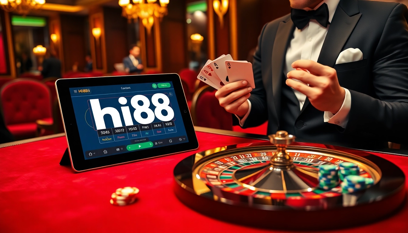 Hi88 player engaging with high-stakes gambling in an elegant casino atmosphere.