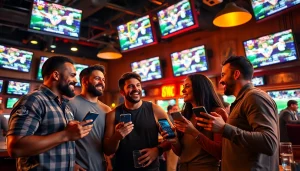 Capture the excitement of sports betting apps Texas in a vibrant sports bar scene with friends discussing bets.