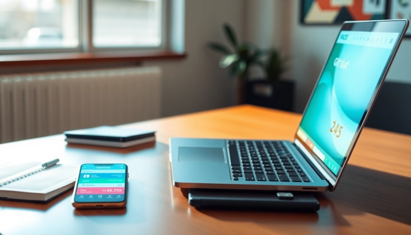 전문적인 업무 공간에서 디지털 플랫폼상의 상품권카드 결제 옵션을 선보이는 판매자.