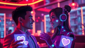 Engaging scene of AI sexting with futuristic characters in a cozy lounge setting.