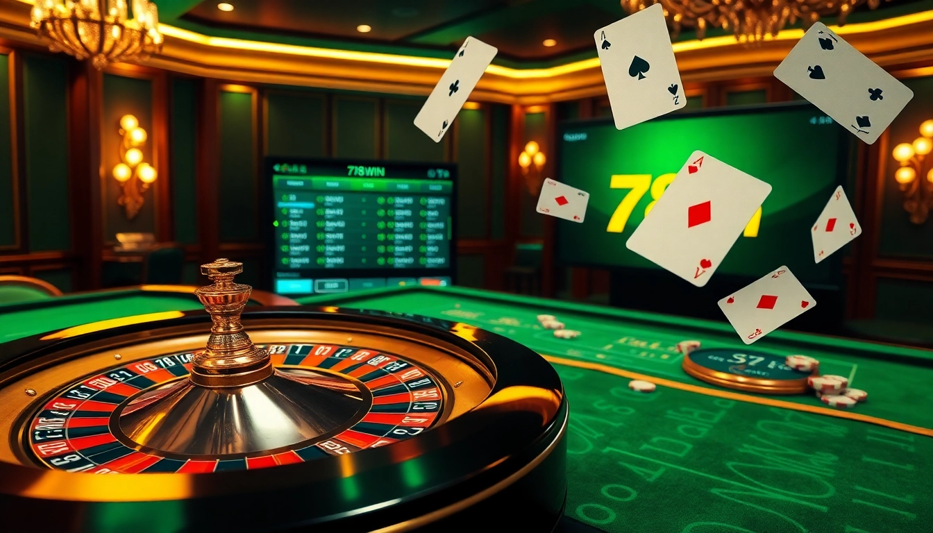 Experience excitement at 78win with a vibrant casino scene showcasing poker chips and a roulette wheel.