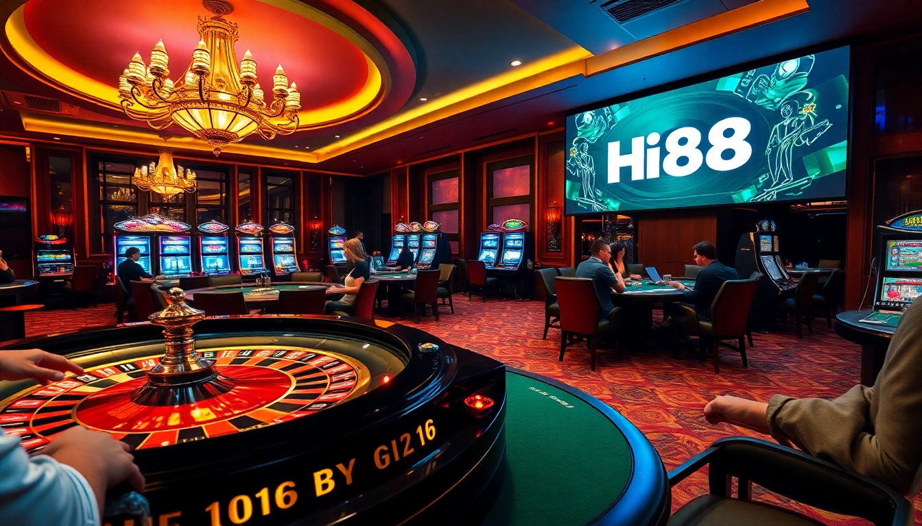 Exciting casino gambling scene featuring Hi88 on a digital display with players at tables and slot machines.