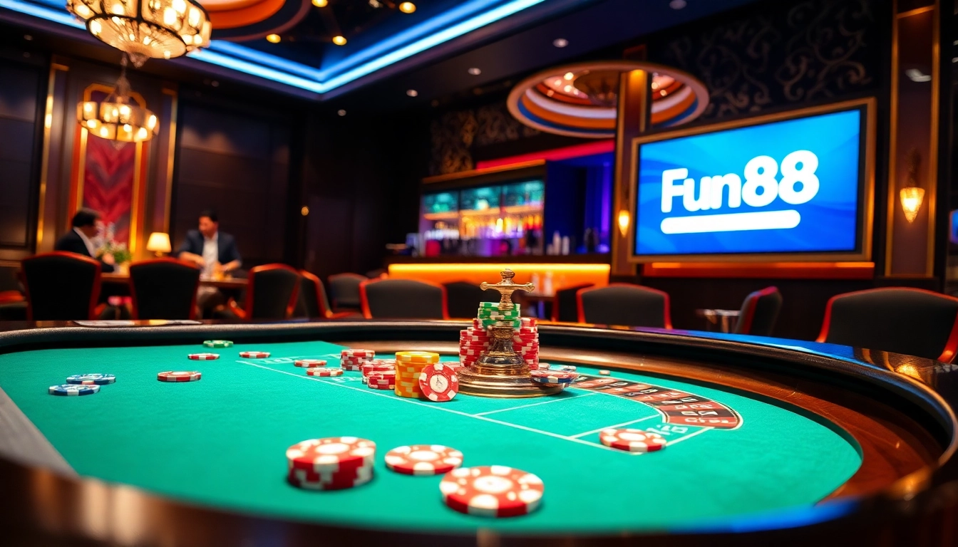 Engaging players at a casino table with the Fun88 link featured in a vibrant, luxurious setting.