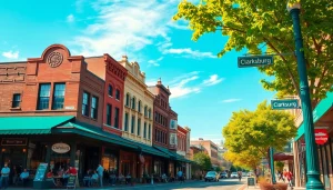 Visitors enjoying downtown Clarksburg with vibrant storefronts and historical architecture.