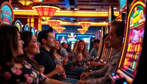Engaging casino scene featuring players at slot hoki machines, illuminated by vibrant lights.