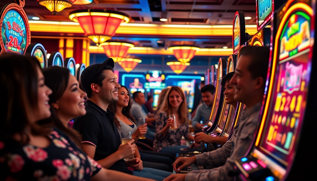 Engaging casino scene featuring players at slot hoki machines, illuminated by vibrant lights.