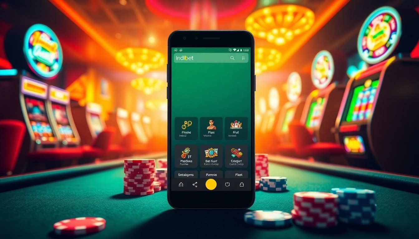 Indibet APK download illustration featuring engaging casino elements like poker chips and a smartphone displaying the app.