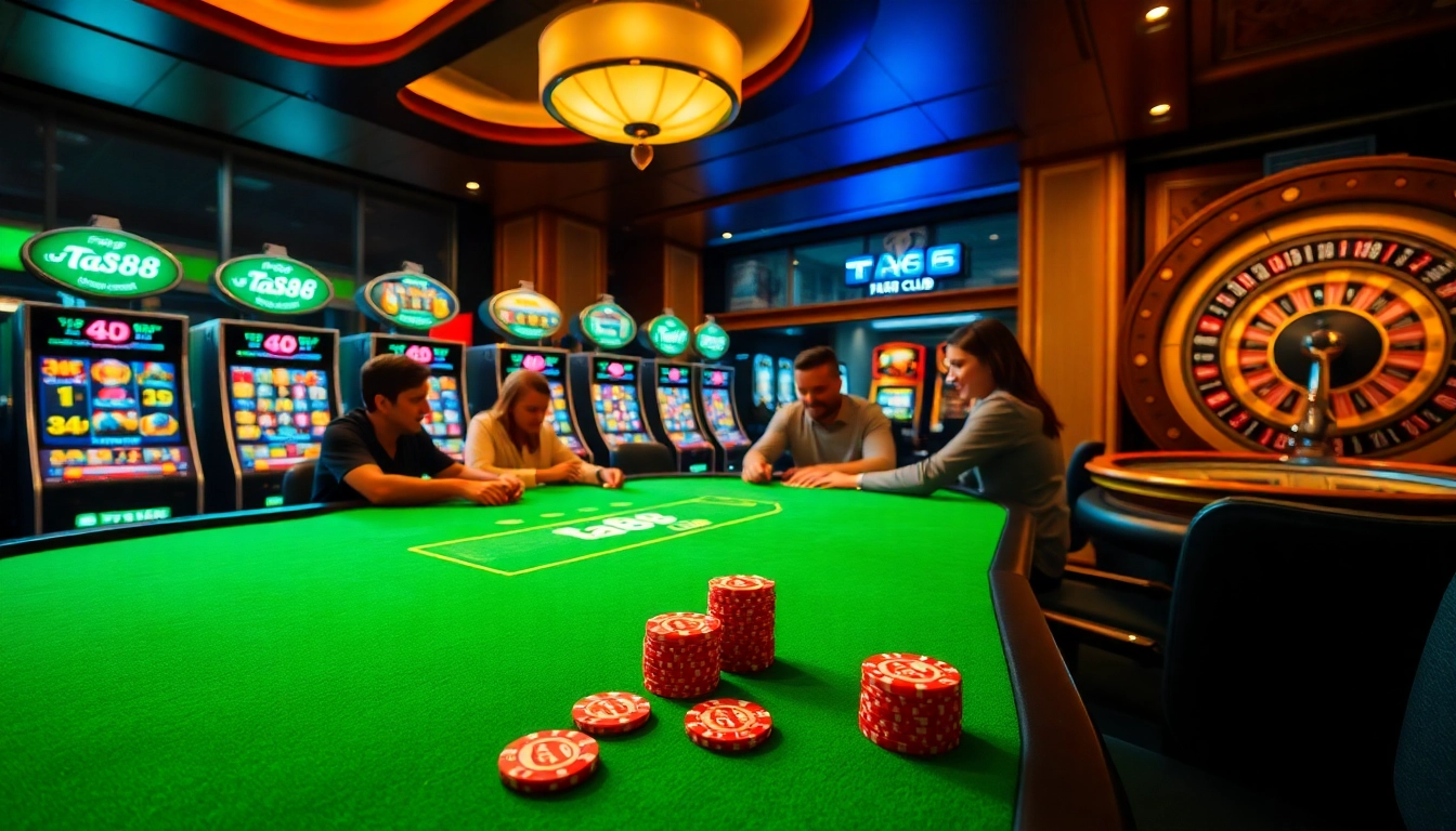 Visitors enjoying poker at ta88 club, surrounded by vibrant slot machines and a luxurious casino atmosphere.