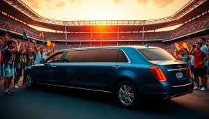 World Cup Group Transportation with a luxury limousine arriving at LA stadium amidst cheering fans.