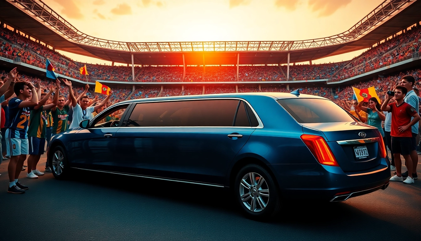 World Cup Group Transportation with a luxury limousine arriving at LA stadium amidst cheering fans.