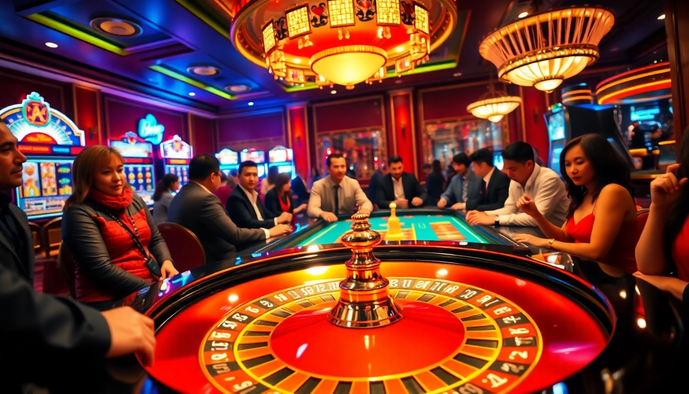 Engage in thrilling games at https://jun88buzz.info/, featuring a vibrant casino scene with roulette tables and poker chips.