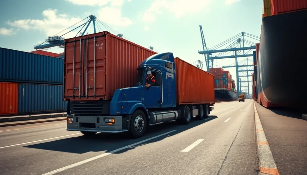 Drayage truck transporting shipping container in a busy port environment.
