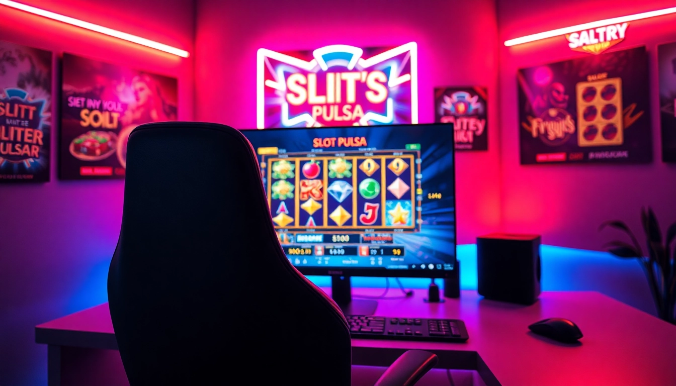 Aksi permainan slot pulsa yang seru dengan monitor gaming dan pencahayaan neon menarik.