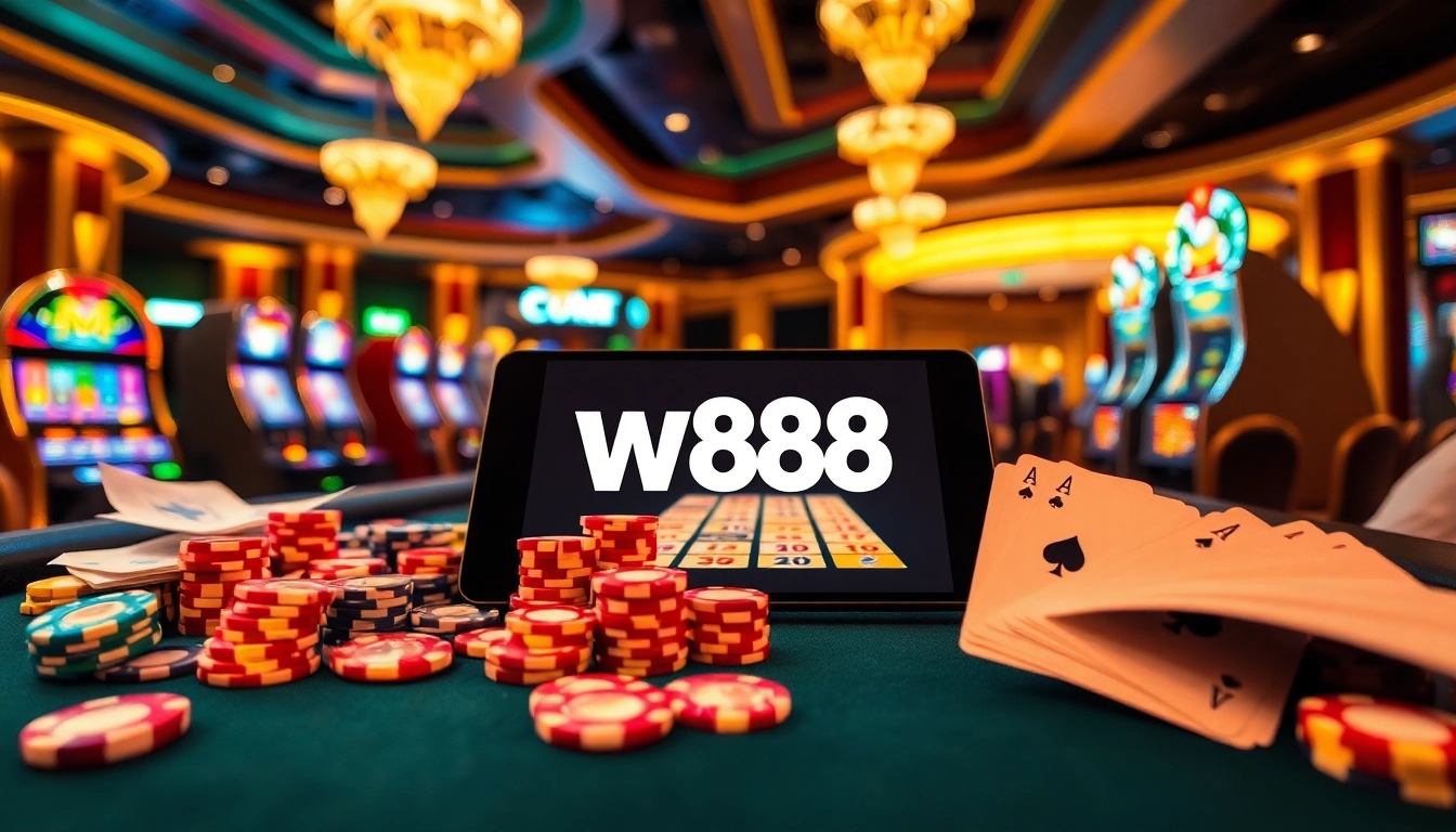 Experience the thrill of gambling at W88, with lively casino tables and vibrant gaming elements.