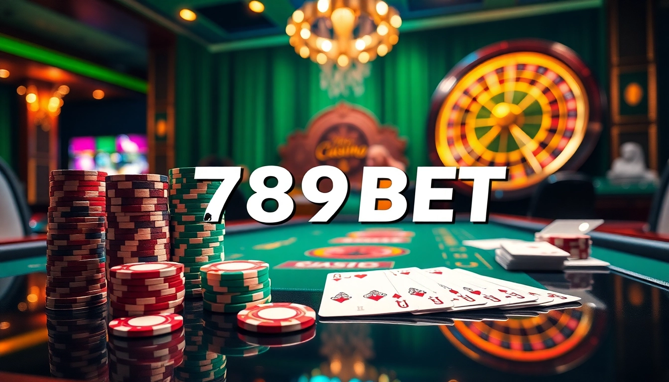 Experience the excitement of 789BET with vibrant casino visuals featuring poker chips, cards, and a roulette wheel.