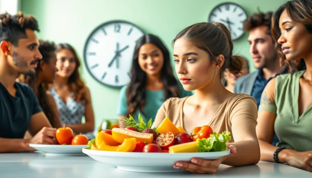Engaging illustration of intermittent fasting with diverse individuals enjoying healthy meals during their eating window.