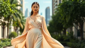 Rivelle fashion model embodies elegance in an urban setting, showcasing style and sophistication.