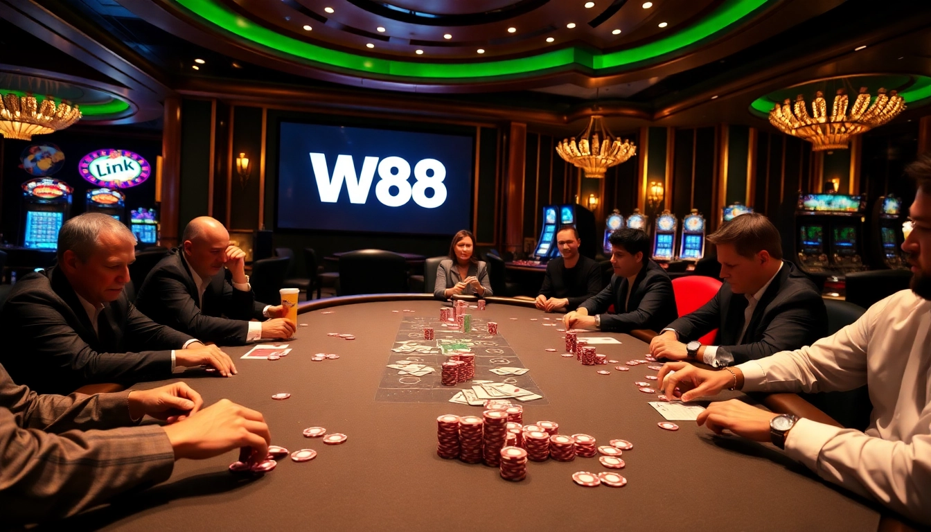 Exciting casino atmosphere at a high-stakes table featuring the W88 link logo amid thrilling gameplay.