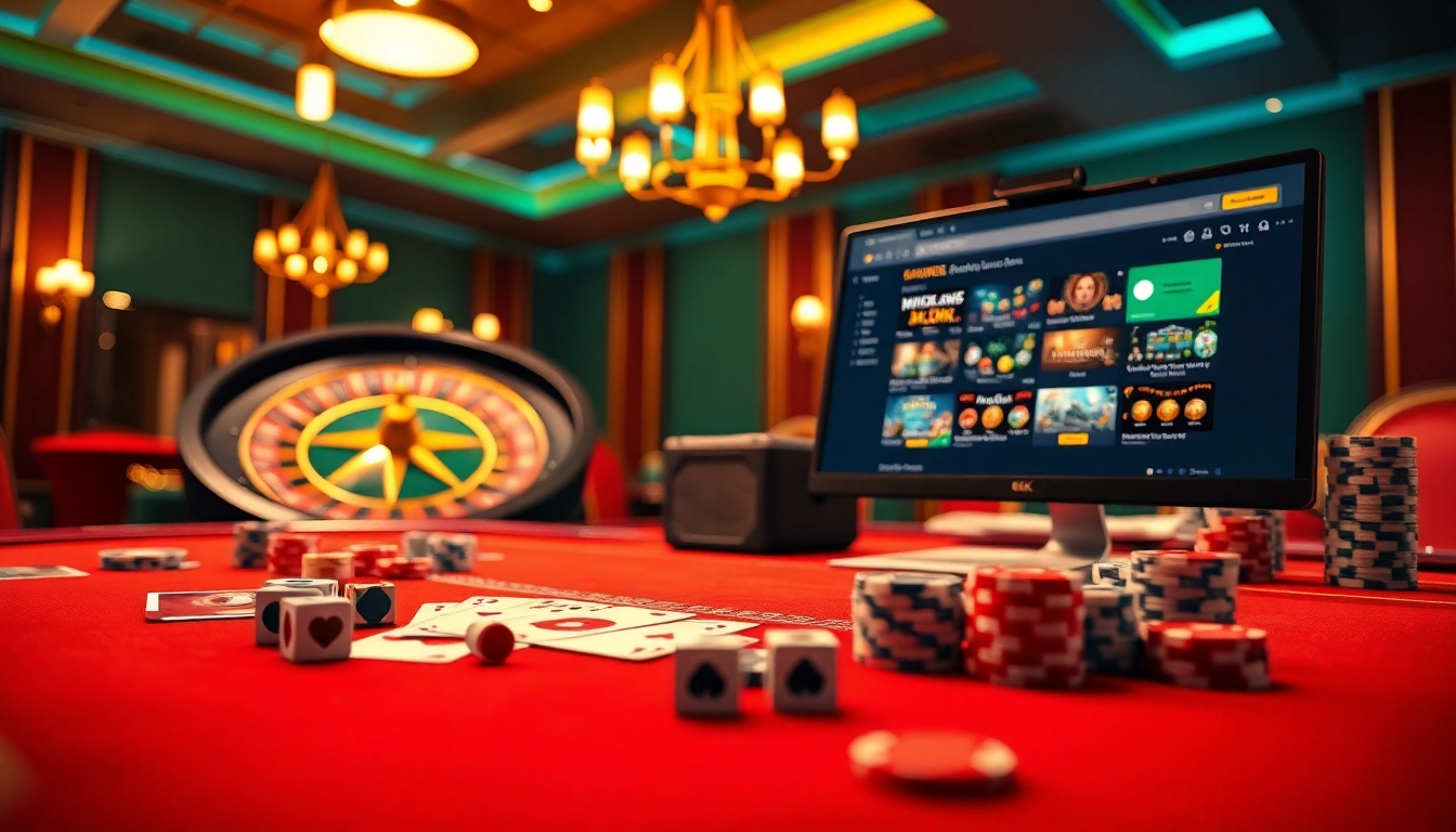 Engaging scene of online gambling at https://8kbetal.com/ with casino tables, cards, and chips creating excitement.