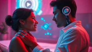 Intimate moment between humans and AI companion, exploring ai sex.