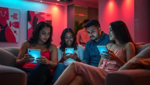 AI sexting scene with diverse characters engaging in intimate chats on digital devices in a romantic setting.