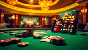 Người chơi tham gia một trò chơi đầy hồi hộp trên ứng dụng Tik88 với chip poker và lá bài trên bàn cược sang trọng.