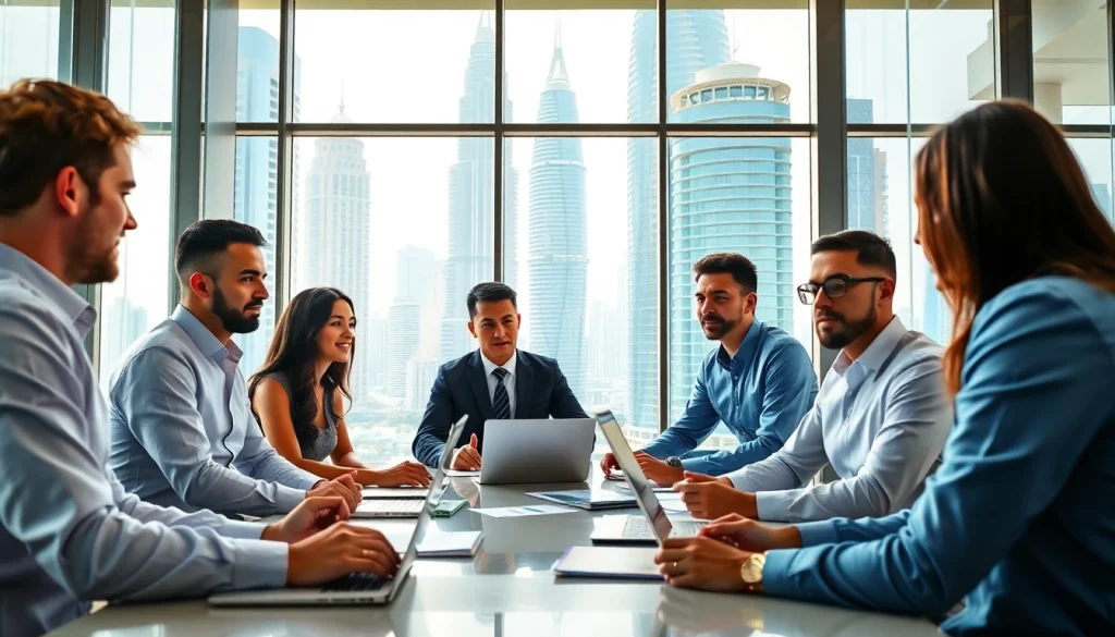Engaged team discussing Business setup in Dubai with a modern city skyline.