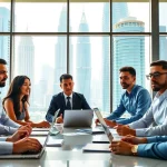 Engaged team discussing Business setup in Dubai with a modern city skyline.