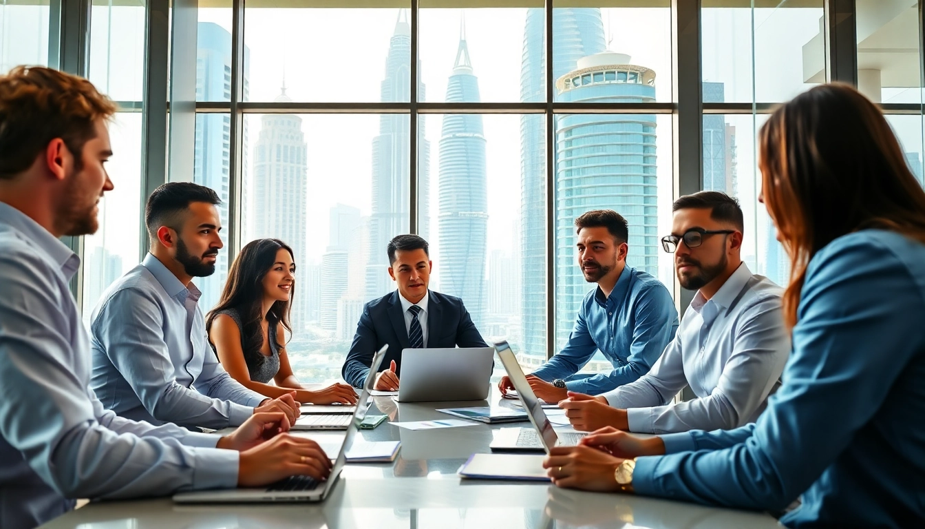 Engaged team discussing Business setup in Dubai with a modern city skyline.