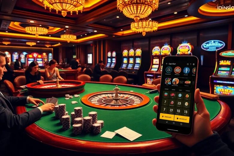 Experience thrilling gaming with idnslot at a luxurious casino table featuring vibrant slot machines.