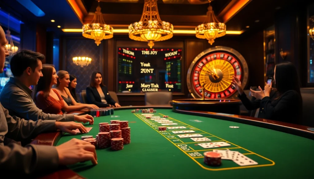 Players enjoying a card game with 7upbet-themed decorations in a luxurious casino setting.