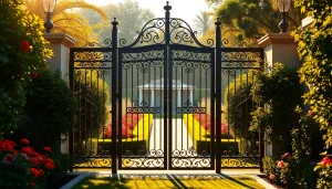 Custom steel gates showcased beautifully in a luxurious garden setting.
