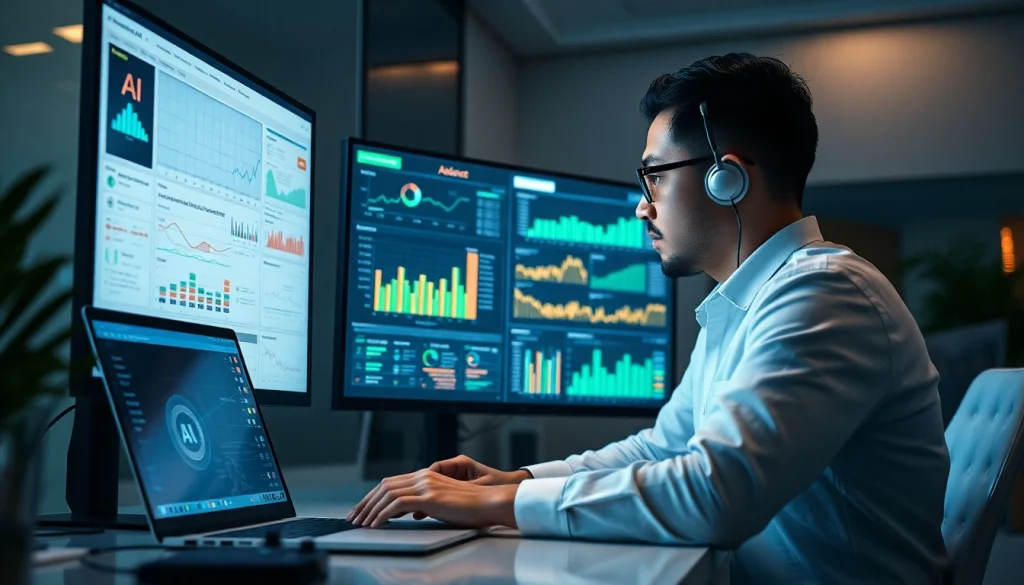 Cybersecurity AI professional analyzing data on dual screens in a modern office environment.