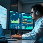 Cybersecurity AI professional analyzing data on dual screens in a modern office environment.