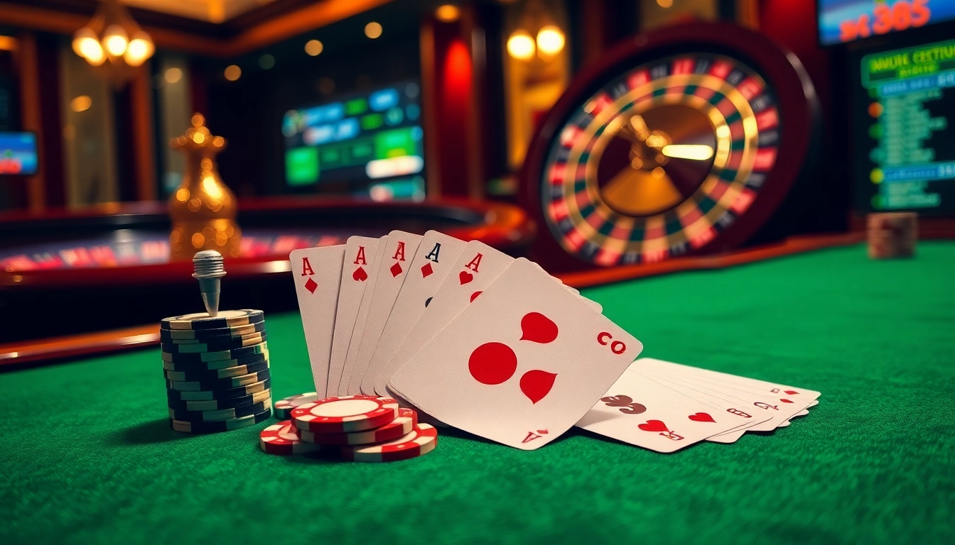 Engaging gambling scene showcasing link alternatif sbobet with poker chips, cards, and a roulette wheel.