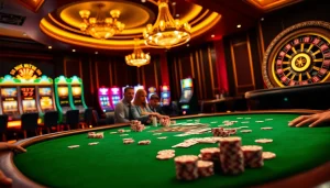 Players engaging in an exciting poker game at a J88-themed casino table with vibrant chips and cards.