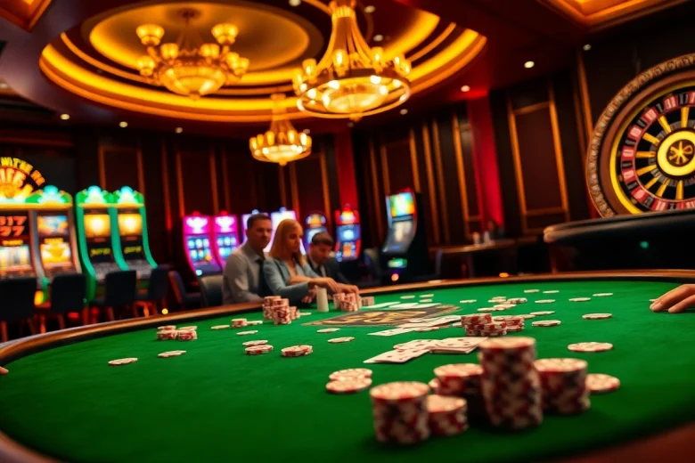 Players engaging in an exciting poker game at a J88-themed casino table with vibrant chips and cards.
