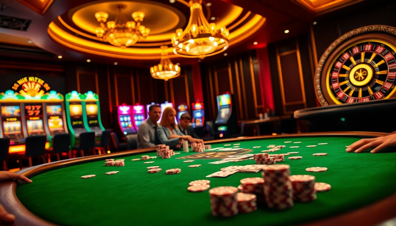 Players engaging in an exciting poker game at a J88-themed casino table with vibrant chips and cards.