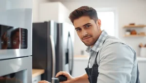 Expert technician providing appliance repair ottawa services on a refrigerator in a modern kitchen.