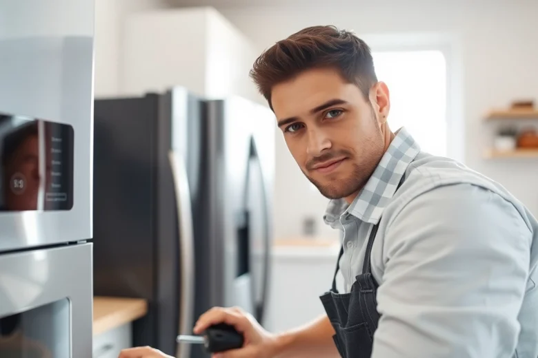 Expert technician providing appliance repair ottawa services on a refrigerator in a modern kitchen.