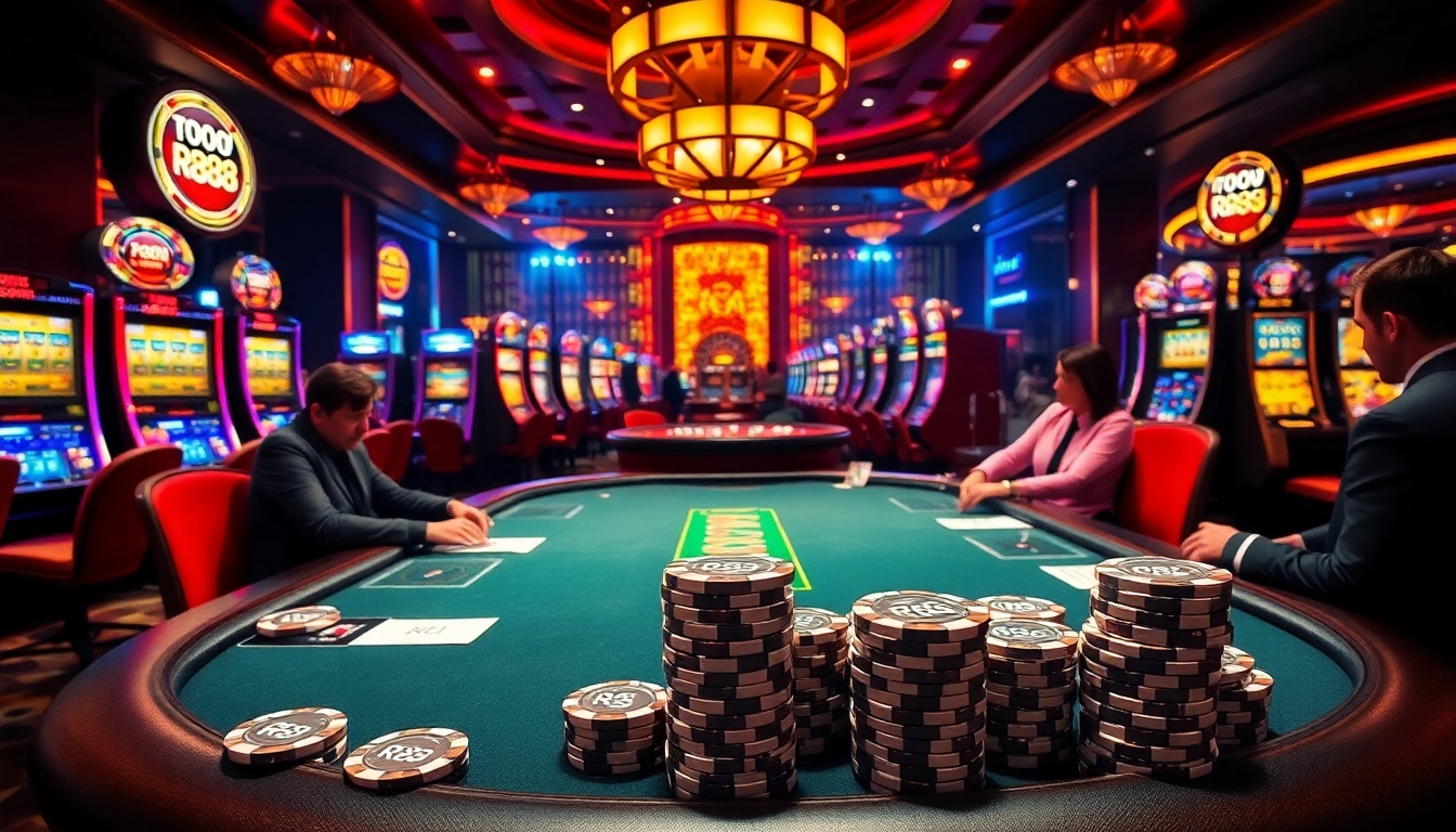 Players strategizing at a RR88 casino poker table with vibrant slot machines in the background.