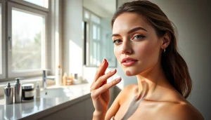 Kosmetika: Moteris naudojanti kosmetikos priemones šiuolaikiškame vonios interjere.