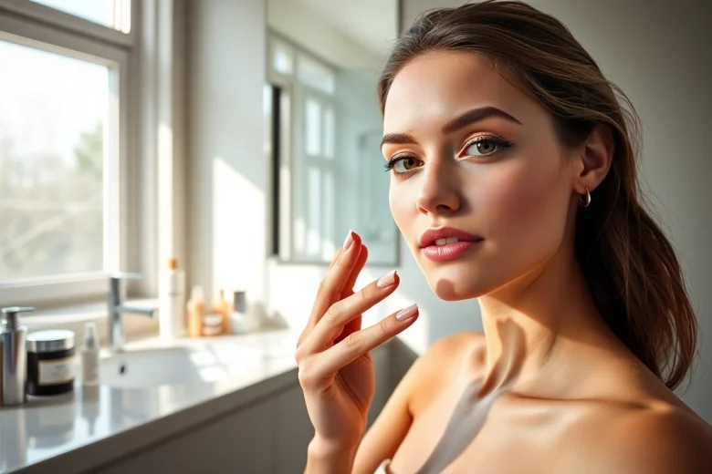 Kosmetika: Moteris naudojanti kosmetikos priemones šiuolaikiškame vonios interjere.