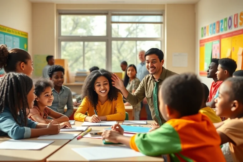 Dynamic classroom scene emphasizing education equity and innovation.