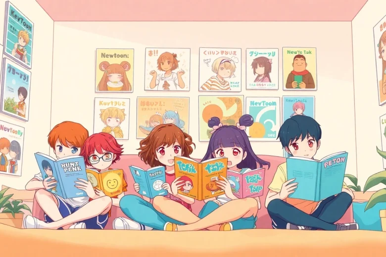 newtoki 웹툰을 즐기는 캐릭터와 아늑한 방을 배경으로 한 일러스트.