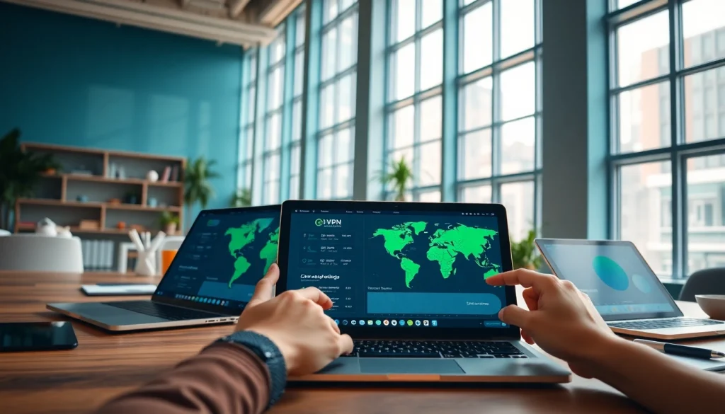 在专业工作场所的时尚设备上显示的快连官网界面。