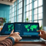 在专业工作场所的时尚设备上显示的快连官网界面。