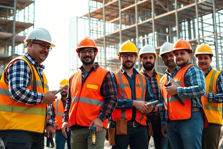 Construction career illustrated through diverse workers collaborating on a vibrant job site.